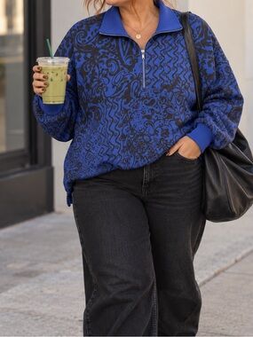 Westbound Woman 1X Blue Paisley Quarter Zip Pullover NWT Plus Size